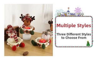Close-up of three Christmas gift baskets with plush snowman, reindeer, and Santa Claus dolls