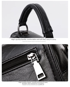 Detailed macro of pebble leather texture, metal zipper, and curved handle on black boston bag