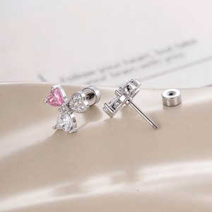 Pink and clear heart zircon flower stud earrings with secure screw back closure