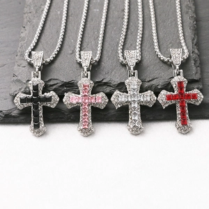 Cross necklace set with colorful crystals and twisted chains in silver finish