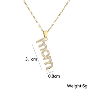 Detailed view of gold plated MOM letter pendant with sparkling cubic zirconia inlay