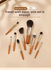 Detailed view of 9-piece mini travel makeup brush set with wooden handles and soft bristles