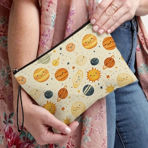 Solar planet pattern cosmic cosmetic bag with black zipper and wristlet strap handle
