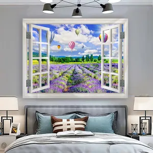 Dettaglio dell'arazzo 3D effetto finestra con campi di lavanda e mongolfiere