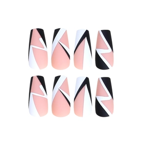 Long ballet press-on nails with black and white matte geometric patterns