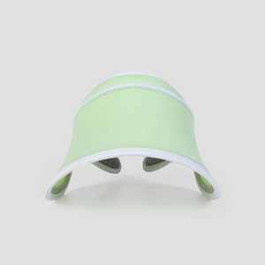 Detail of light green sun visor with white piping and moisture-wicking sweatband lining