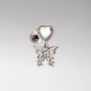 Titanium steel heart crystal earring with hanging butterfly and clear zircon accents