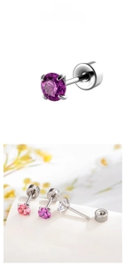 Detail of 4mm colorful cubic zirconia stud earrings with flat back screw design