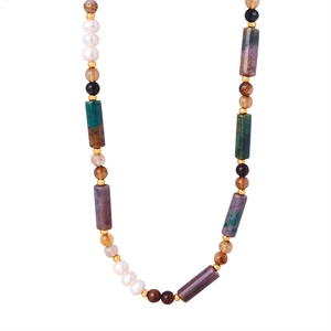 Vintage handmade necklace with natural stones and freshwater pearls on white background