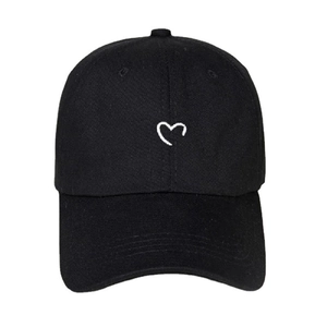 Unisex black cotton baseball cap with white embroidered heart minimalist summer sun hat