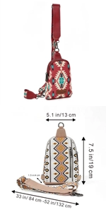 Detailed size chart for Bohemian canvas crossbody bag with ethnic patterns and dimensions