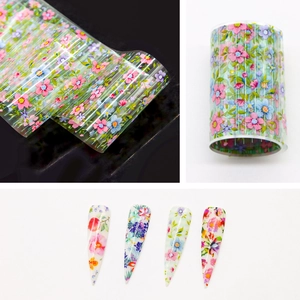 Floral nail foil transfer stickers set with colorful flower patterns and application effect