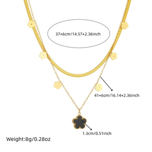 Double layered gold stainless steel necklace with flower charms and clover pendant