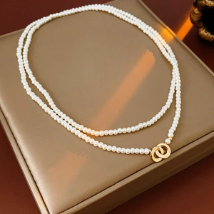 Retro Long Imitation Artificial Pearl Beaded Necklace With Alloy Circular Interlocking Buckle Elegant French Style Jewelry For Women