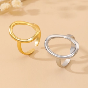 Minimalist hollow geometric oval open rings in polished gold and silver metal finishes