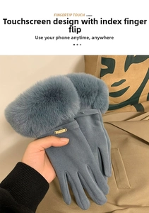 Close-up of gray thermal winter gloves featuring furry cuffs and fingertip touch screen design