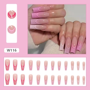 Pink gradient long coffin press on nails set with French style design and 24 pieces