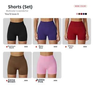 Detail of high-waisted seamless yoga shorts in five colors with ribbed texture fabric