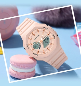 Detailed view of SAMDA pink dual display watch with digital and analog features