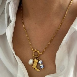 Vintage titanium necklace with porcelain beads, gold boot pendant and freshwater pearl