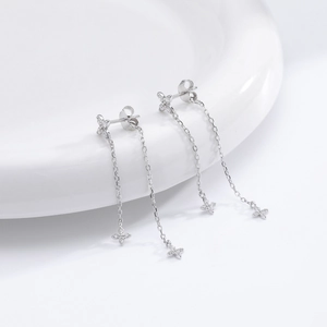 S925 sterling silver flower stud earrings with long chain tassels and sparkling zircon
