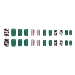 Green medium-length press-on nails set with zebra pattern and pink glitter finish