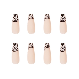 French style long coffin press-on nails with nude base and black zebra stripe pattern