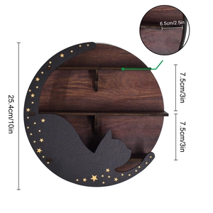 Detailed size chart for black cat moon wooden shelf showing 10 inch diameter and depth