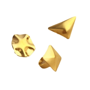 Three-piece geometric 18K gold plated stainless steel ring set with pyramid and wave shapes