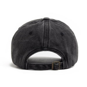 Rear view of washed cotton baseball cap with adjustable metal buckle strap in charcoal grey