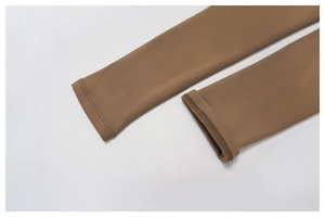Detailed close-up showing double-needle stitching and khaki brown thermal fabric