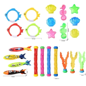 Detailed view of diving pool toy set with dimensions for rings, torpedos and gems