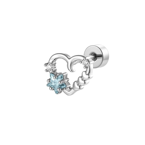 Hollow heart stud earring with blue star zircon and sparkling silver plating
