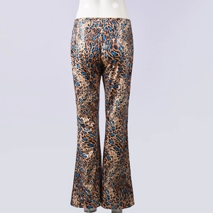 Detail view of the back of high-waisted leopard print flare pants in brown and blue