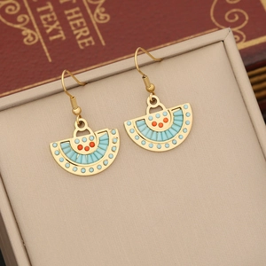 Art Deco fan-shaped earrings with turquoise and orange enamel in a golden finish