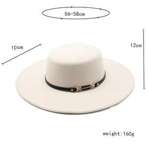 Flat brim wool felt hat with black leather strap detail and dimensions specification