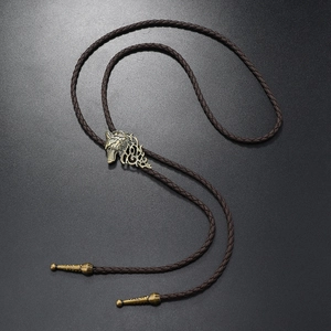Retro wolf head bolo tie with antique bronze metal slide and brown braided leather cord