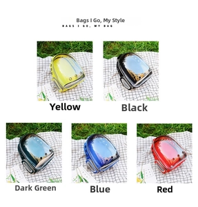 Detail view of transparent pet backpacks in yellow black green blue and red colors