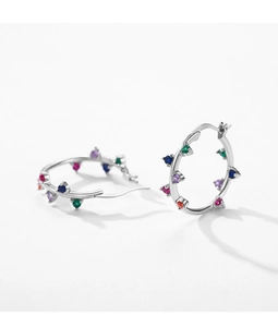 Close-up of S925 sterling silver hoop earrings with colorful zircon stones and 925 hallmark