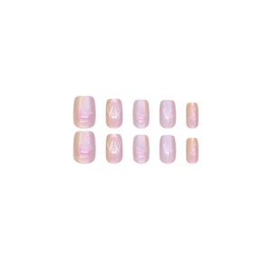 Pink cat-eye press-on nails with minimalist white lines and shimmering finish