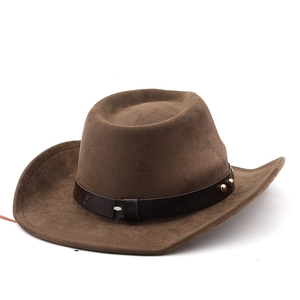 Close-up of brown western cowboy hat featuring suede texture and gold studded leather band