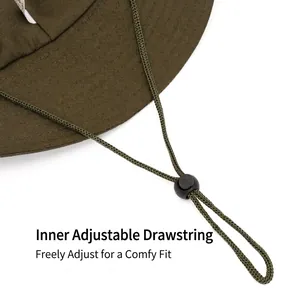 Wide brim army green sun hat for men with adjustable windproof cord and reinforced stitching