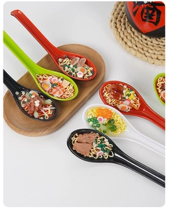 Macro shot of realistic miniature beef ramen spoons with detailed noodles and garnishes