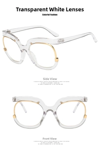 Vista detallada de gafas oversize blanco transparente con inserciones de metal dorado