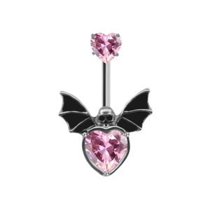 Pink heart crystal belly ring with black wings and silver skull gothic body jewelry