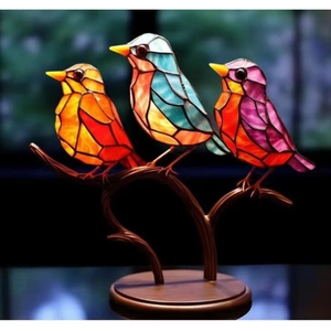 Three colorful stained glass birds on a metal branch stand for home decoration