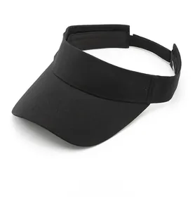 Top view of black canvas sun visor with wide curved brim and adjustable strap closure