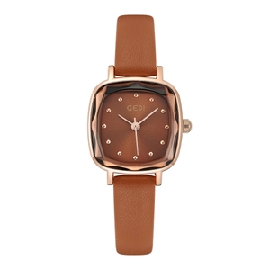 GEDI retro small square quartz watch with brown leather strap and rose gold metal case