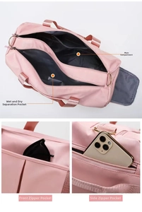 Detail of pink yoga bag showing waterproof fabric, wet-dry pockets and side storage