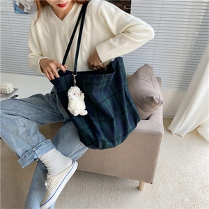 Large capacity green and blue plaid wool tote bag for women with cute lamb keychain charm